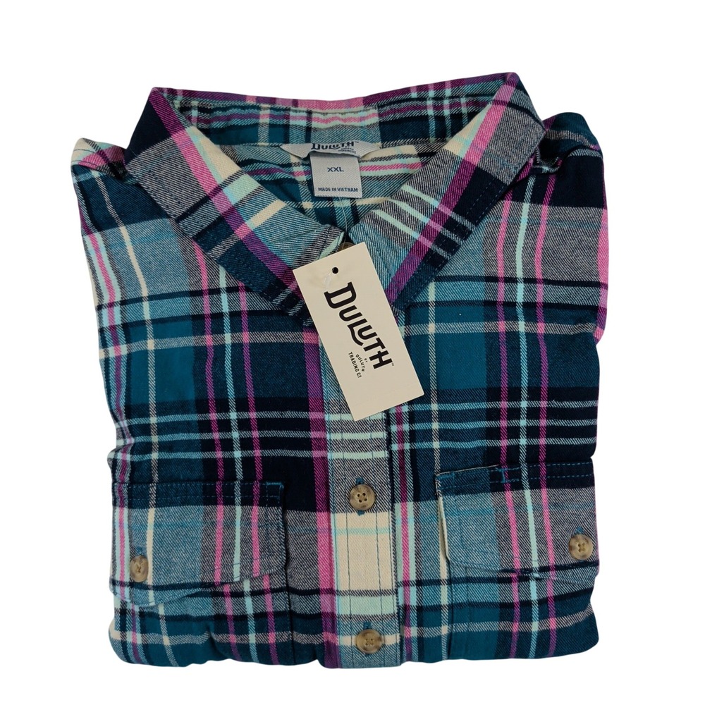 Duluth Trading Womens Free Swingin Flannel Tunic XXL Blue Pink Plaid 72900 NWT